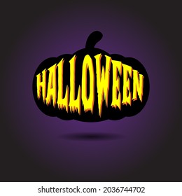 Halloween-Text in einem schwarzen Kürbislogo auf violettem Hintergrund. Vektorgrafik.