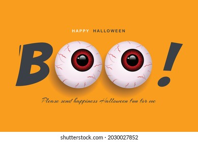 Halloween text Boo! and ghost eyes on an orange background.