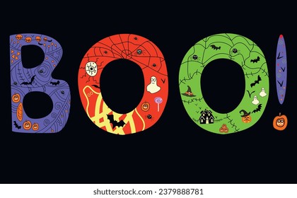 Halloween Text BOO with symbols: pumpkin, ghost, hat, spider, web, bat. Cute drawing on a black background. Template for holiday invitation, poster, advertisement. Vector illustration.