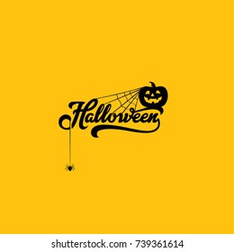 Halloween Text Calligraphic Lettering Greeting card vector template.
Pumpkin with spider on web Vintage style Poster.
