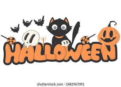 Halloween text with cat, bat, pumpkin, skull and candy vector cartoon illustration isolated on a white background.