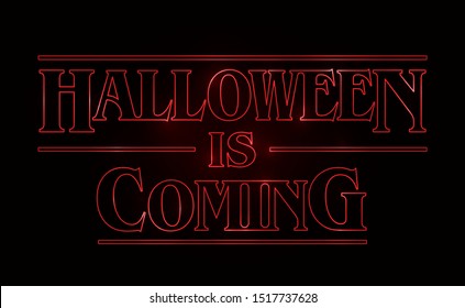 Halloween text design, Halloween is coming word with Red glow text on black background. 80's style, eighties design. Vector illustration