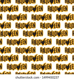 Halloween text design element decoration seamless pattern for wallpaper, print, fabric, paper. Orange and black color for background. Vector illustration with ha-ha, bat, word halloween! 