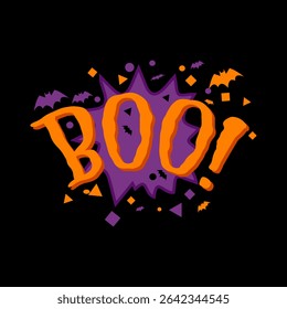 Halloween text design featuring orange BOO typography on a purple burst with bats and geometric accents, perfect for seasonal greeting card, social media graphic, or vector illustration
