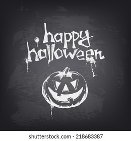 Halloween text design with pumpkin on chalkboard. Hand drawn vector illustration. Stylized design element on blackboard. Background design for banner, poster, flyer, cover, brochure.