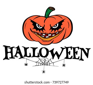 Halloween text design with pumpkin and spider web. Vector illustration for Halloween card and poster.