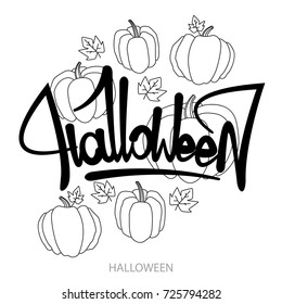 Halloween text design with pumpkin. Vector calligraphy. Typography poster.. Illustration for halloween celebration. Usable as background, for postcards, banners, web design and print