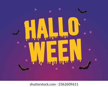 Titular de texto de Halloween para la promoción de la venta, fiesta, afiche o banner concepto moderno de diseño de ilustración vectorial. Noche de Halloween vista con murciélagos sobre fondo de color violeta de la luz de neón. 