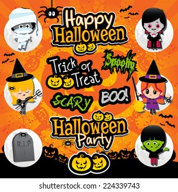 Halloween text and icons on a textured orange and black background with dracula, vampire, frankenstein, mummies, witches, spooky, boo, scary text.