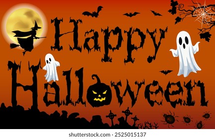 Halloween text in illustration.Vector illustration with halloween text on colored background with ghosts, bats and spider web.