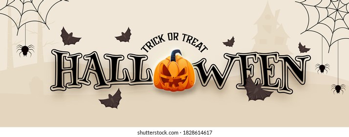 Halloween Text with Jack-O-Lantern, Flying Bats and Spider Web on Beige Background for Trick Or Treat.