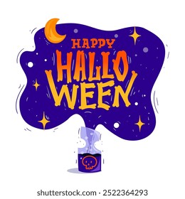 Halloween text made of bones. Creepy purple bottle with potion and flying cloud. Bold text for banner, poster, greeting card, party invitation. Vector illustration.