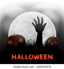 Halloween text message pumpkins zombie hand moon in dark grass silhouette and moonlight transparent background
