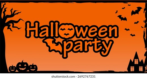 Halloween text on gradient orange background with pumpkin and bat illustration. Black font with spooky pumpkin elements. Text background for Halloween celebration.