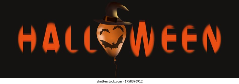 Halloween text poster. Black background with realistic orange ball with a bat and a witch hat. Vector illustration