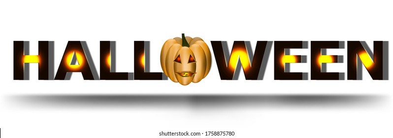Halloween text poster. White background with realistic orange pumpkin. Vector illustration