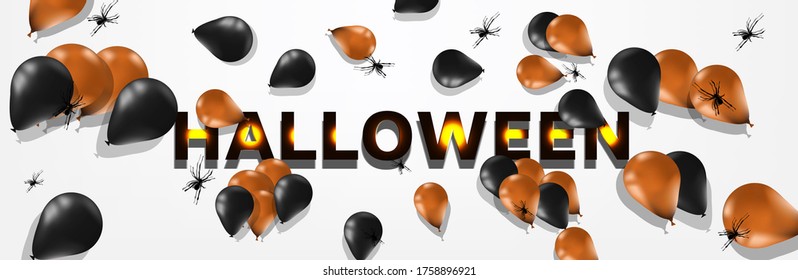 Halloween text poster. White background with realistic black and orange balloons and a spider. Vector illustration