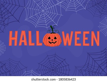 Halloween text with pumpkin cartoon and spiderwebs design, Holiday and scary theme Vector illustration