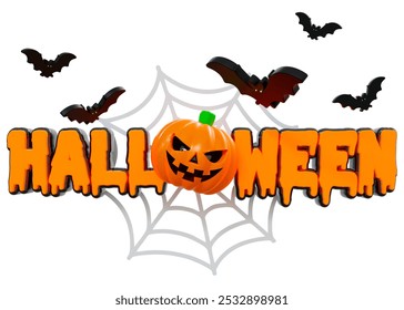 Halloween Text with Halloween Pumpkins, Bats, and Spider Web in the Background, Spooky Festive Design, Eerie Typography, Perfect for Cards, Decorations, and Celebrations, Classic Halloween Theme.