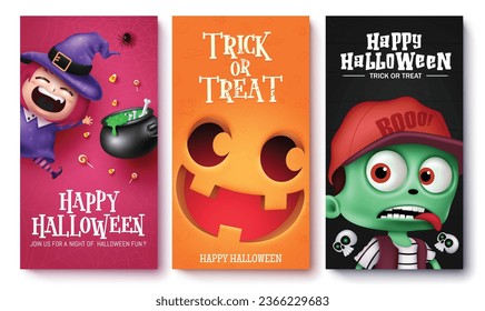 Halloween text vector poster set design. Halloween trick or treat party invitation card with witch, pumpkin and zombie character elements for kids event celebration collection. Vector illustration 