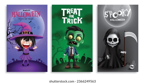 Halloween text vector poster set design. Treat or trick halloween greeting card with witch, zombie and grim reaper characters collection tags. Vector illustration seasonal horror party tag collection.