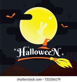 Halloween text with witch's hat and broom.a rabbit is sitting in the bright yellow moon along the cloud and dark night sky
