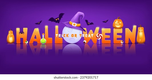 Halloween text yellow and orange design, with yellow pumpkins, bat flying, spider, banner design on purple background. Vector 3d Illustration