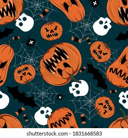 Halloween texture with pumpkins, spiders, cobwebs.