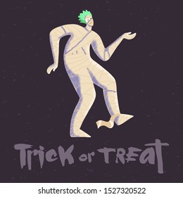 Halloween textured greeting card, costume party. Trendy dancing mummy with lettering Trick or Treat. Hand drawn vector character. 