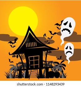 Halloween Thai house on yellow moon background.