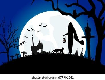 Halloween in Thai traditional style with ancient lady ghost illustration