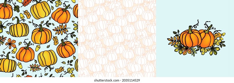 Halloween and thanksgivin set , seamless pattern and concept with pumkin and greenery 