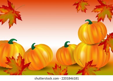 Halloween or Thanksgiving day banner,autumn background with pumpkins, falling or flying maple red leaves. Editable Vector illustration with copy space.