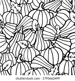 Halloween and Thanksgiving day seamless pattern. Doodle outline black pumpkins and autumn leaves background for wrapping decoration scrapbooking paper. Stock vector hand drawn illustration.