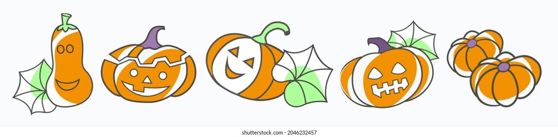 Halloween. Thanksgiving Day. Set of pumpkins with and without leaves. Hand-drawn.
