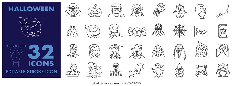 Halloween and Thanksgiving, Editable Stroke Icon. Included Dracula, mask, Clown of murderer, bat and cute ghost, abandoned house, Vampire, Happy Halloween Season pumpkins, Creepy and Spooky and More