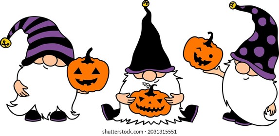 Halloween and Thanksgiving gnomes with pumpkins. Cartoon vector Leprechauns illustration for cards, decor, shirt design, invitations