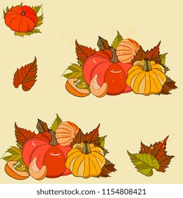 Halloween, Thanksgiving, harvesting seamless pattern   with ripe pumpkins and autumn leaves.Bright color background for  cards, paper wrapper and other objects. Hand drawing vector illustration