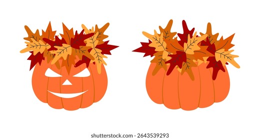 Halloween and Thanksgiving Pumpkin in Autumn leaves Wreath Cute Autumn Character and composition Set