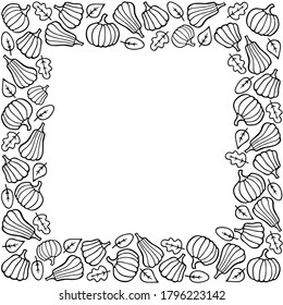 Halloween and Thanksgiving pumpkins square frame with copy space. Black doodle Outline border postcard invitation social media template. Stock vector illustration isolated on transparent background.