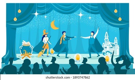 Halloween Theatrical Kids Performance for Parents. Children Wearing Festive Costumes Performing on Stage. Castle, Pot with Potion, Witches Broom. Cartoon Spectators and Actors. Vector Illustration