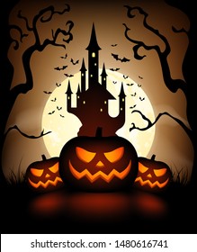 Halloween theme abstract vector illustration. Spooky Halloween pumpkins under the moonlight with the creepy castle on background.