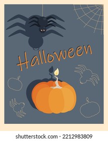 Halloween theme autumn card with pumpkin, spider and web and inscriptions. Isolated vector image on a gray and beige background..