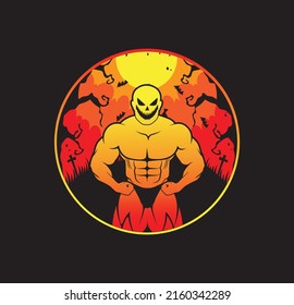 Halloween theme background. Bodybuilder posing on pumpkin
