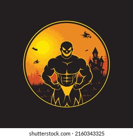 Halloween theme background. Bodybuilder posing on pumpkin
