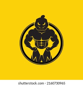 Halloween theme background. Bodybuilder posing on pumpkin