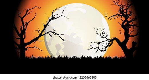 Halloween Theme Background with Full Moon and Trees Silhouettes. Vector Illustration
