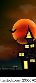 Halloween theme background with full moon bat shadow tree fence and old church