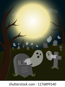 Halloween theme background ghost graveyard in the wood under moon shine