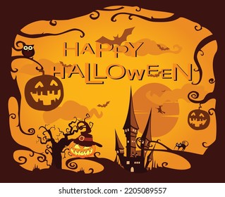 halloween theme background with pumpkin jack o lantern, owl, old castle, old tree